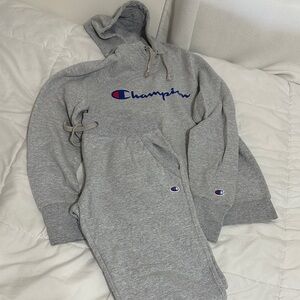Champion Gray Hoodie and Sweatpants with Blue & Red Logo